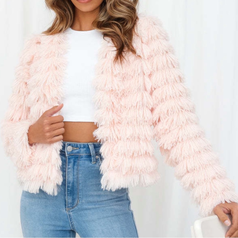 ANDREE // Faux Fur Fringe Jacket in Light Pink / Pink Spring Jacket for Women